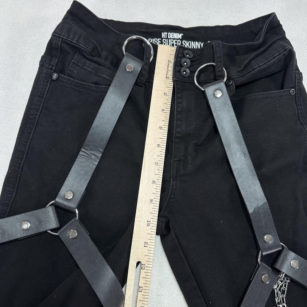 HT Denim Pants Women's 5 Hi-Rise Super Skinny Harness Straps Chain Goth Punk Emo - Picture 13 of 14